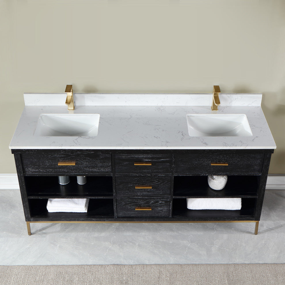 Kesia Black Oak Bathroom Vanity Set, 72", Without Mirror