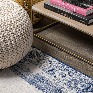Rosalia Cottage Medallion Area Rug, Dark Blue/Ivory, 2'x8'