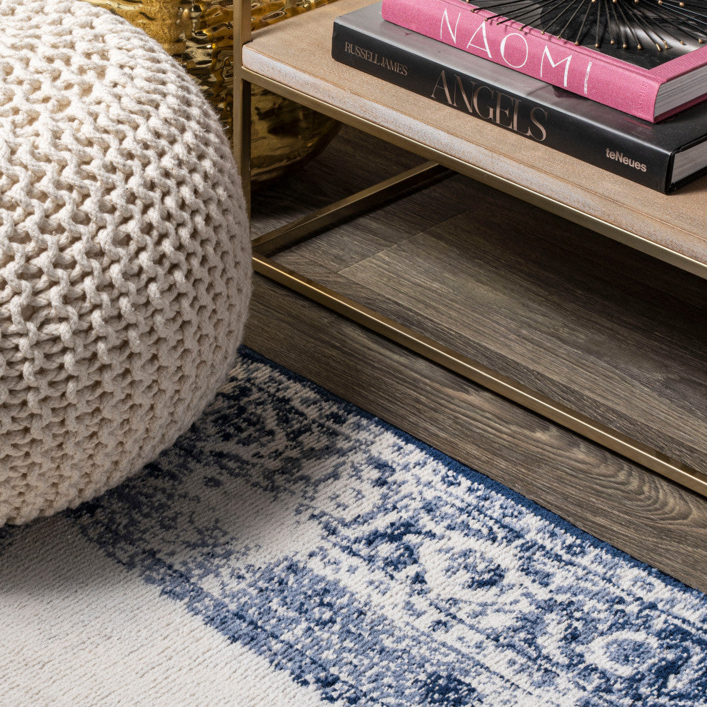 Rosalia Cottage Medallion Area Rug, Dark Blue/Ivory, 2'x8'