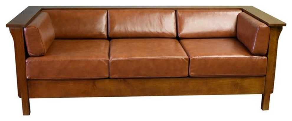 Arts and Crafts / Craftsman Cubic Panel Side Sofa - Russet Brown Leather (RB2)