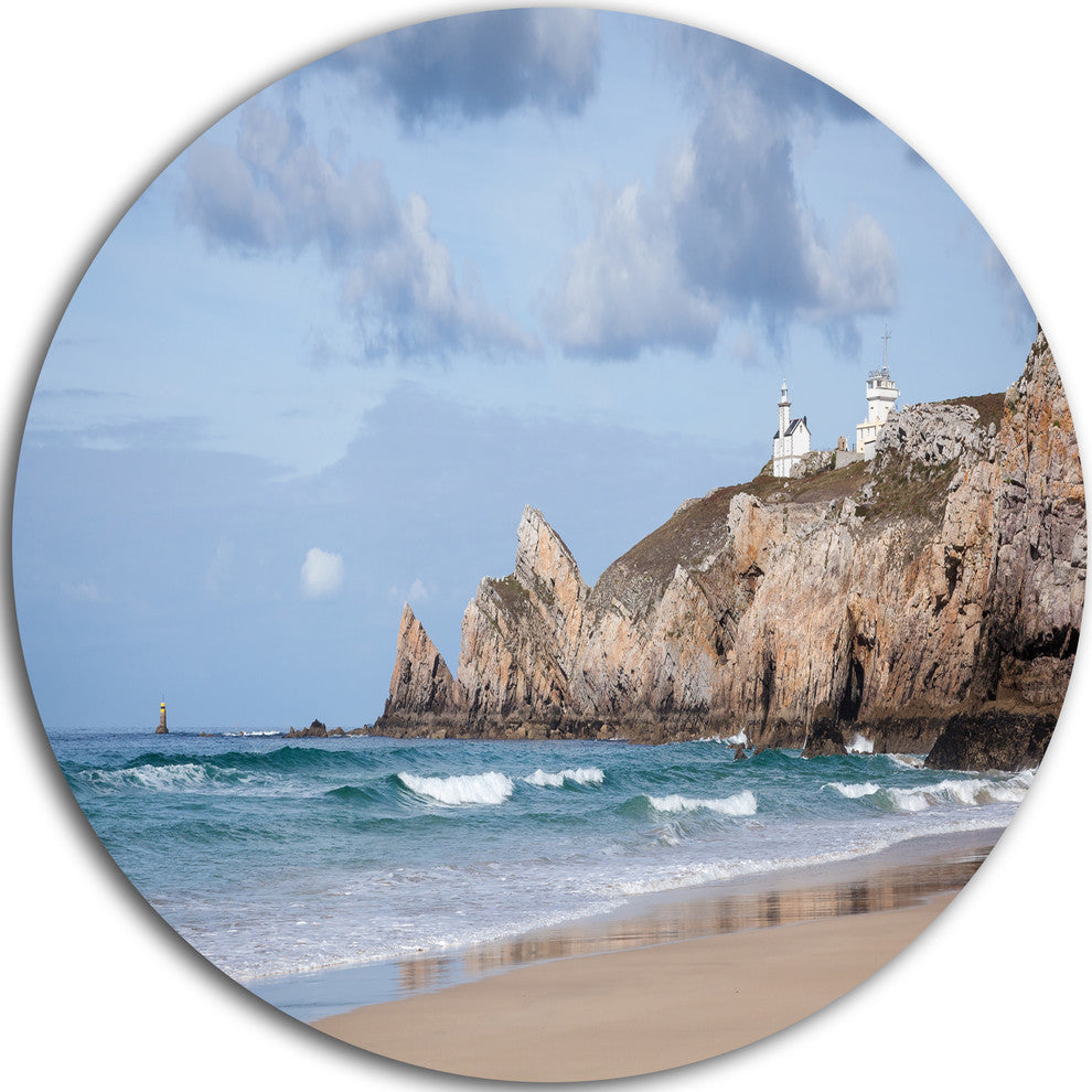 Coastline With Lighthouse Panorama, Seashore Round Wall Art, 11"