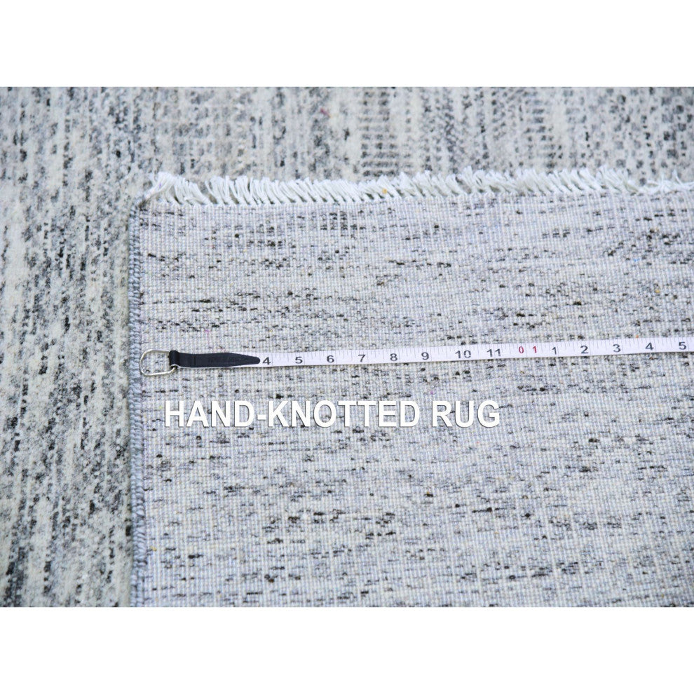 Silver Gray 100% Undyed Wool Grass Design Hand Knotted Wide Runner Rug 4'x10'1"