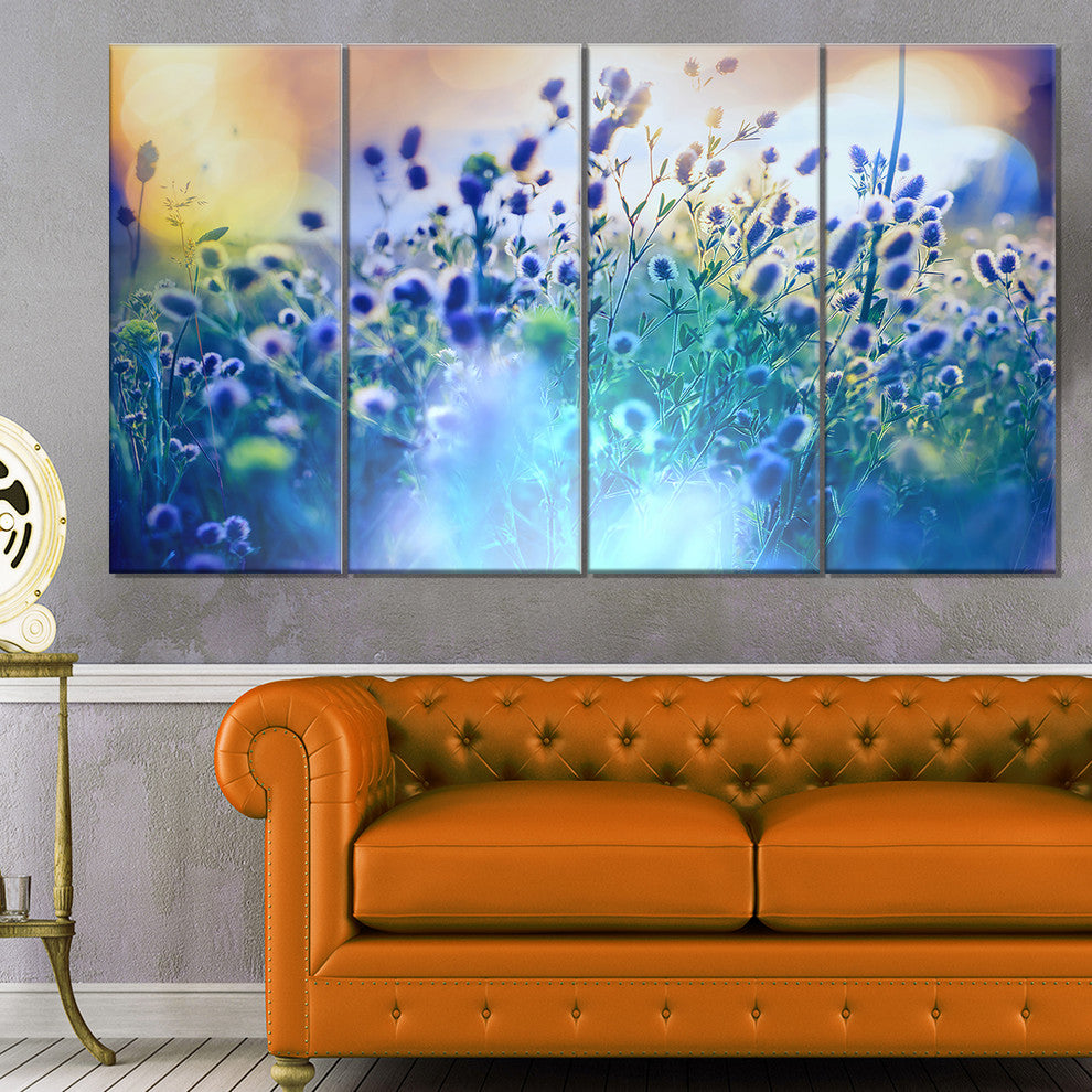 Blue Summer Flowers on Meadow, Floral Canvas Art Print, 48"x28", 4 Panels