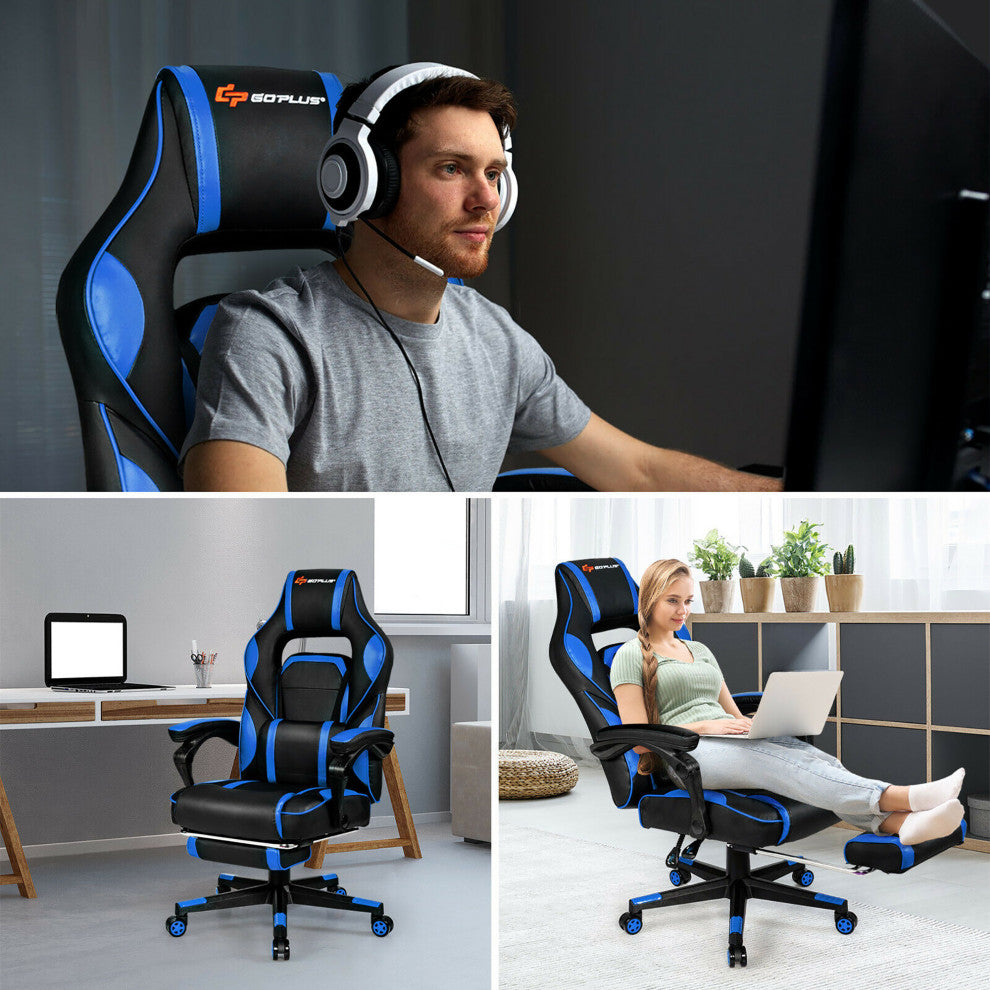 Massage Gaming Chair Reclining Racing Computer Office Chair with Footrest Blue