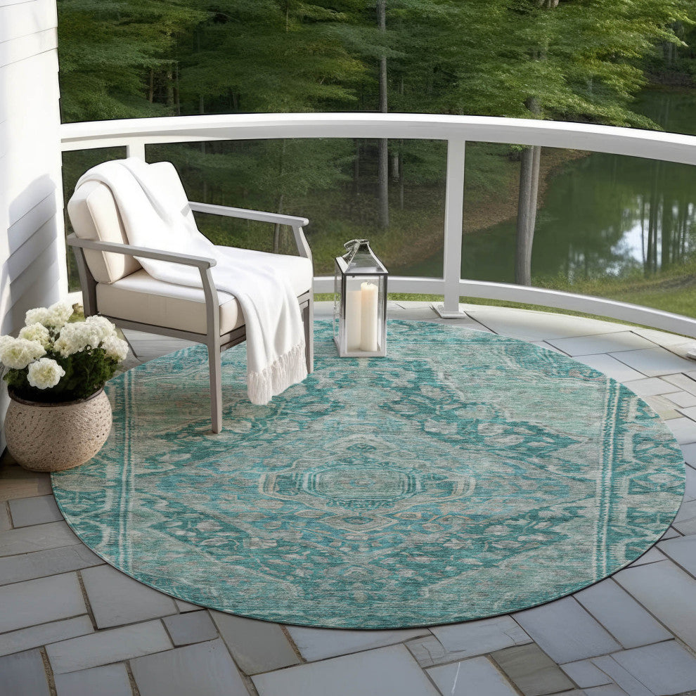 Machine Washable Indoor/Outdoor Chantille ACN1761 Teal 8' x 8' Round Rug