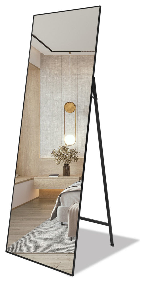 65 inch Rectangular Aluminum Framed Floor Wall Hanging Bedroom Mirror, Black, 22