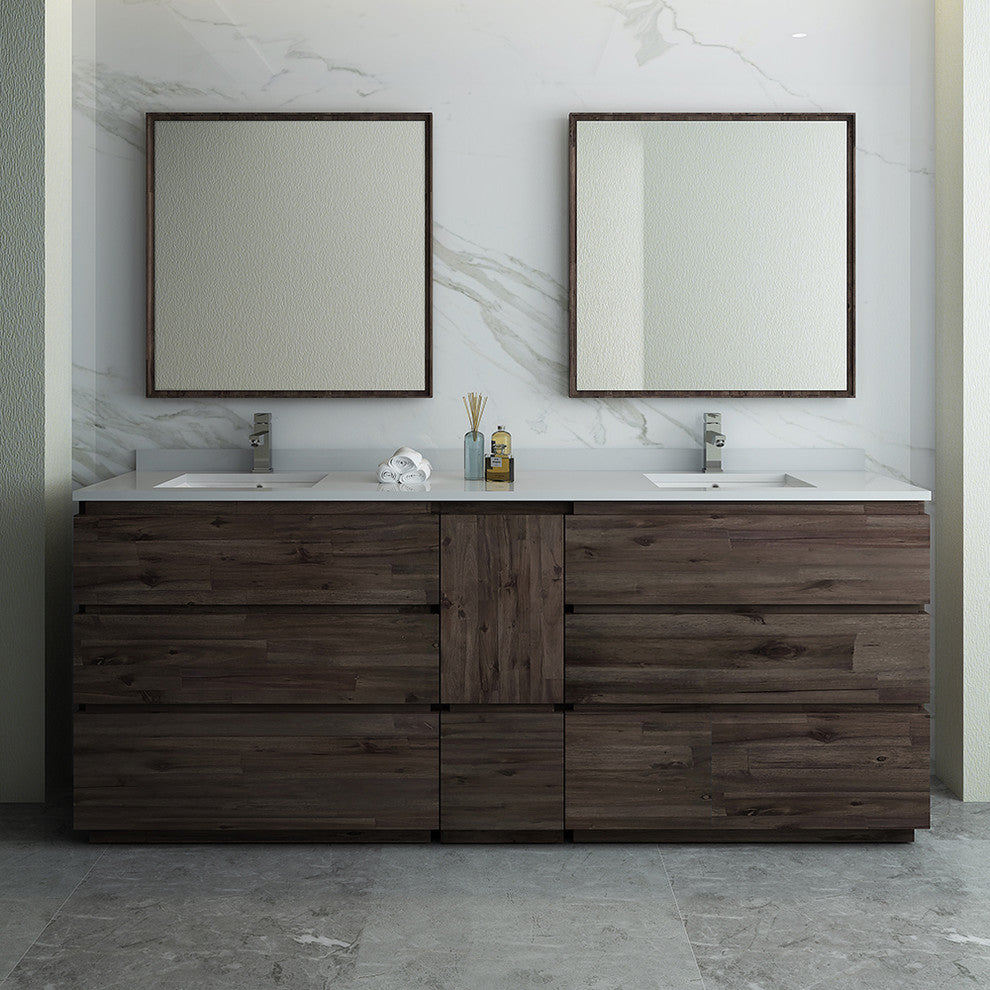 Fresca Formosa 84" Acacia Floor Standing Double Sink Bathroom Vanity w/ Mirrors,