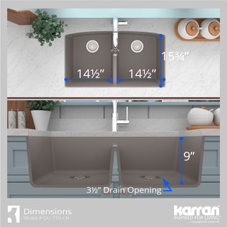 Karran Undermount Quartz 32" 50/50 Double Bowl Kitchen Sink Kit, Concrete