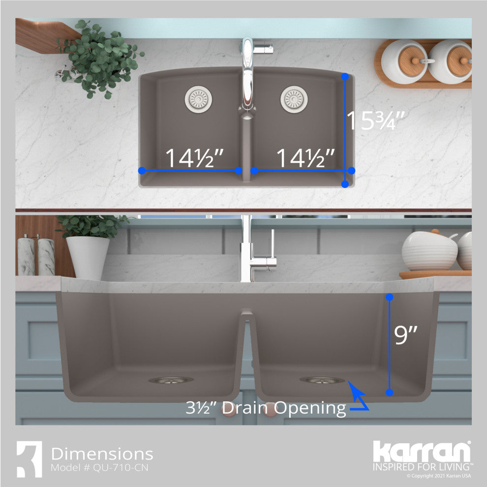 Karran Undermount Quartz 32" 50/50 Double Bowl Kitchen Sink Kit, Concrete