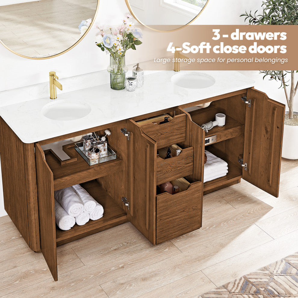 Abuja Bathroom Vanity, Stone Top, No Mirror, Oak Weathered Brown, 72", Double Vanity