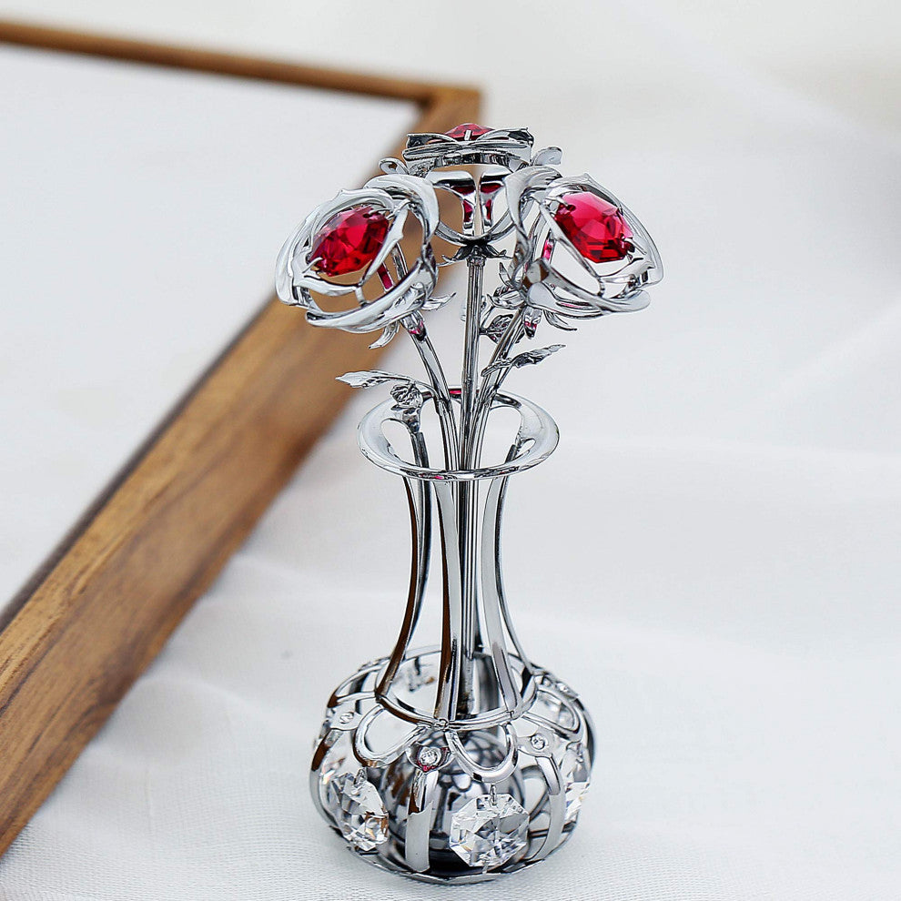 Chrome Plated Flowers Bouquet and Vase With Red and Clear Crystals Home Decor