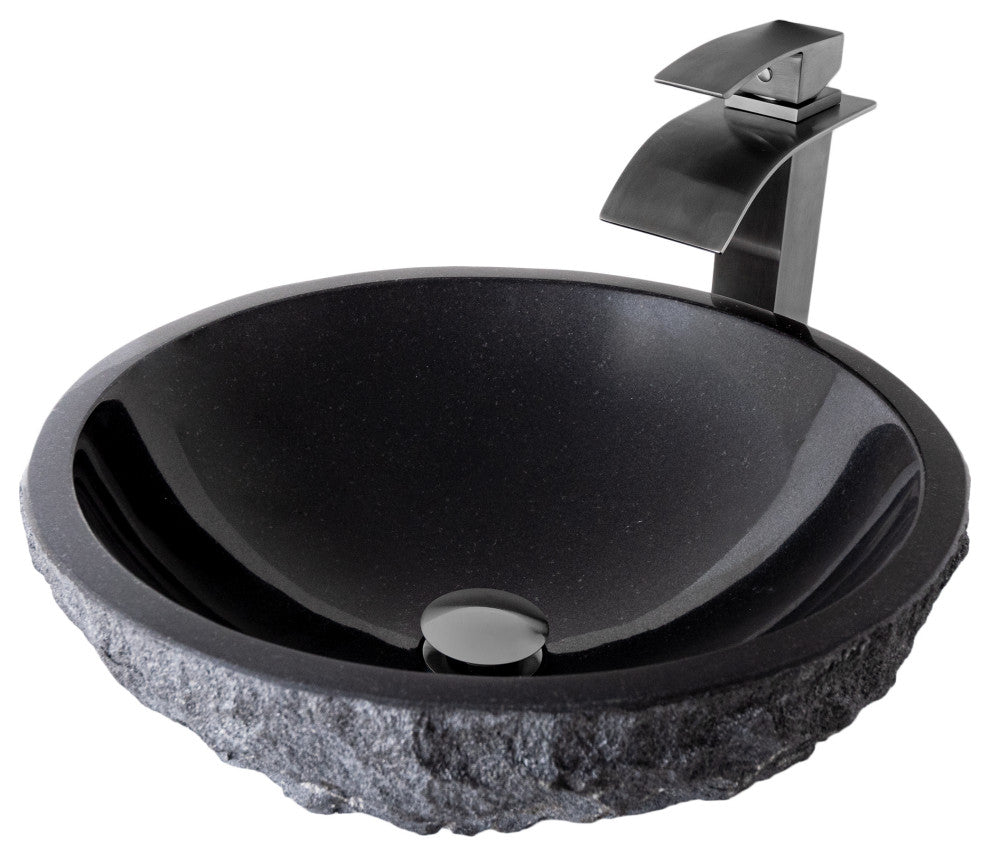 Absolute Natural Granite Stone Vessel Sink Combo with Faucet and Drain, Gunmetal