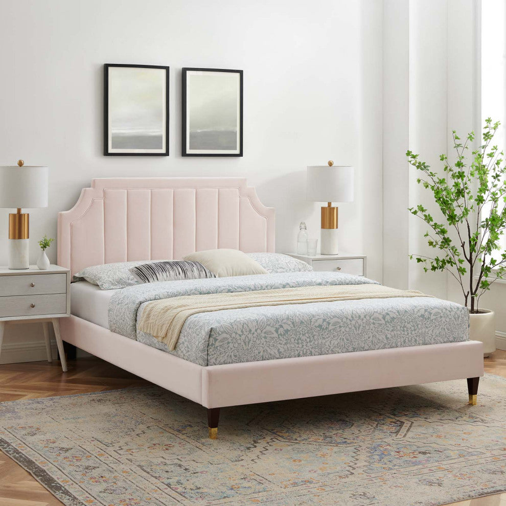 Platform Bed Frame, Queen Size, Velvet, Pink, Modern Contemporary, Bedroom