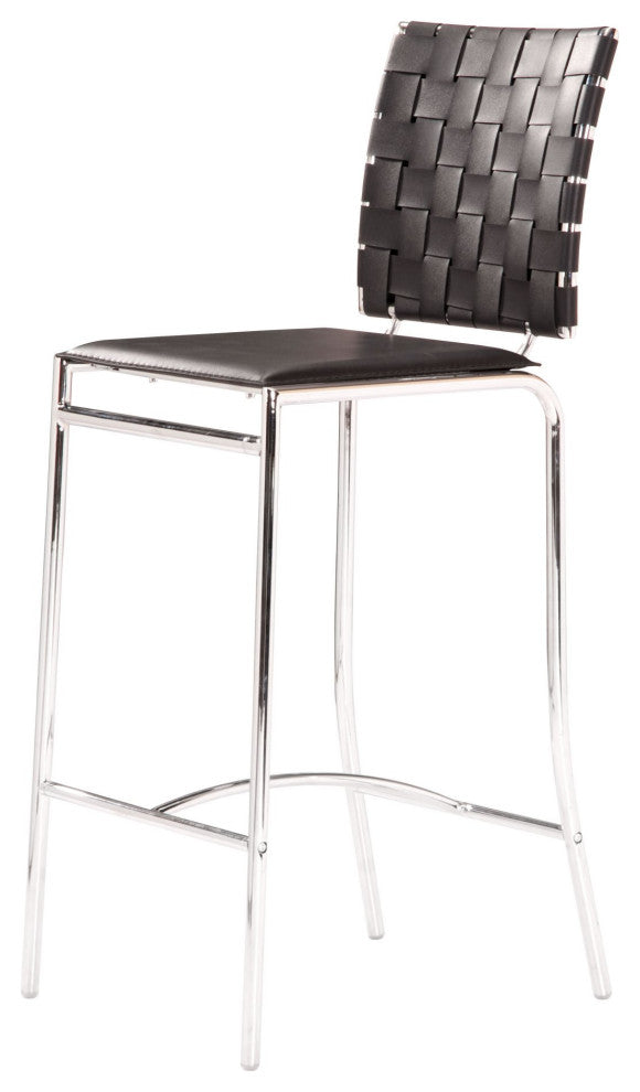 Counter Stool Chair, Set of 2, Faux Vinyl Leather, Steel, Black, Chrome, Cafe