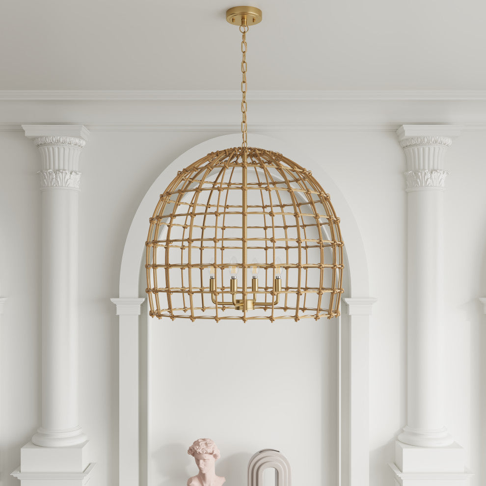 4-Light Hand-Woven Rattan Pendant Light for Kitchen Island