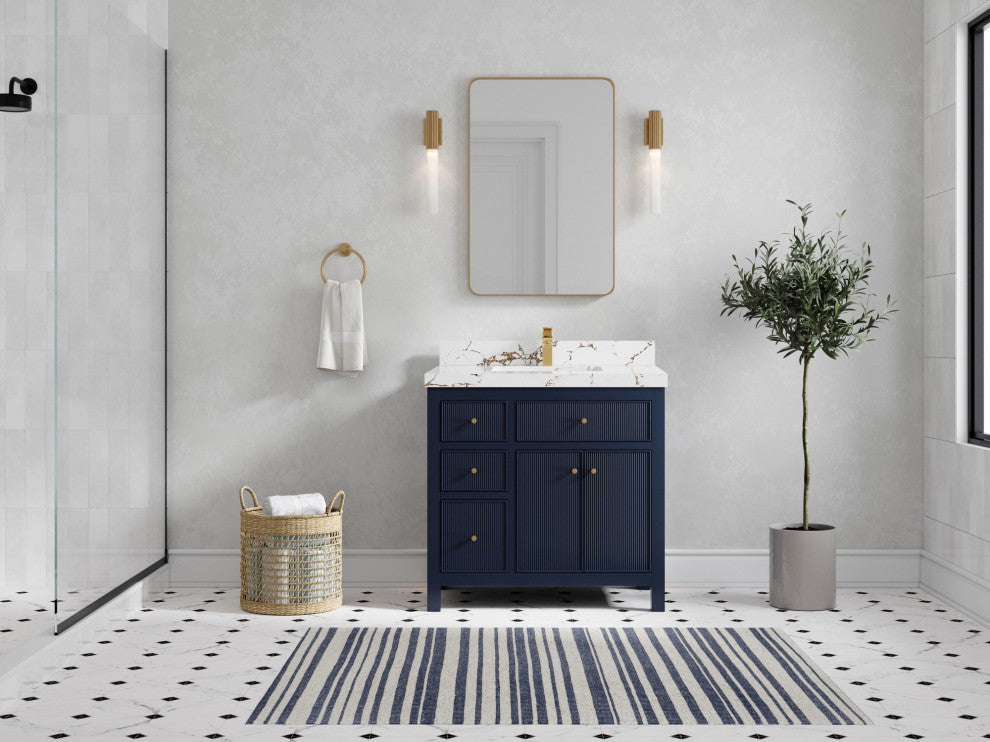 Sonoma 36" Center Sink Bath Vanity in Hale Navy Blue, 2" Viola Gold