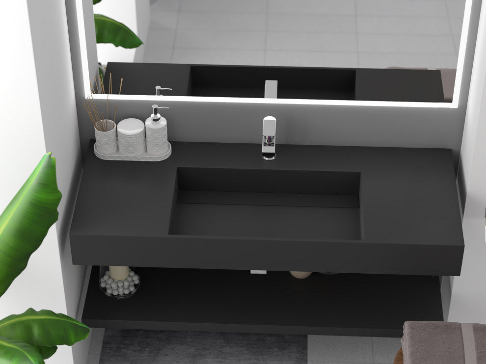 CastelloUSA Juniper Wall Mounted Countertop Concealed Drain Basin Sink, Black, 48, Center Basin, Standard