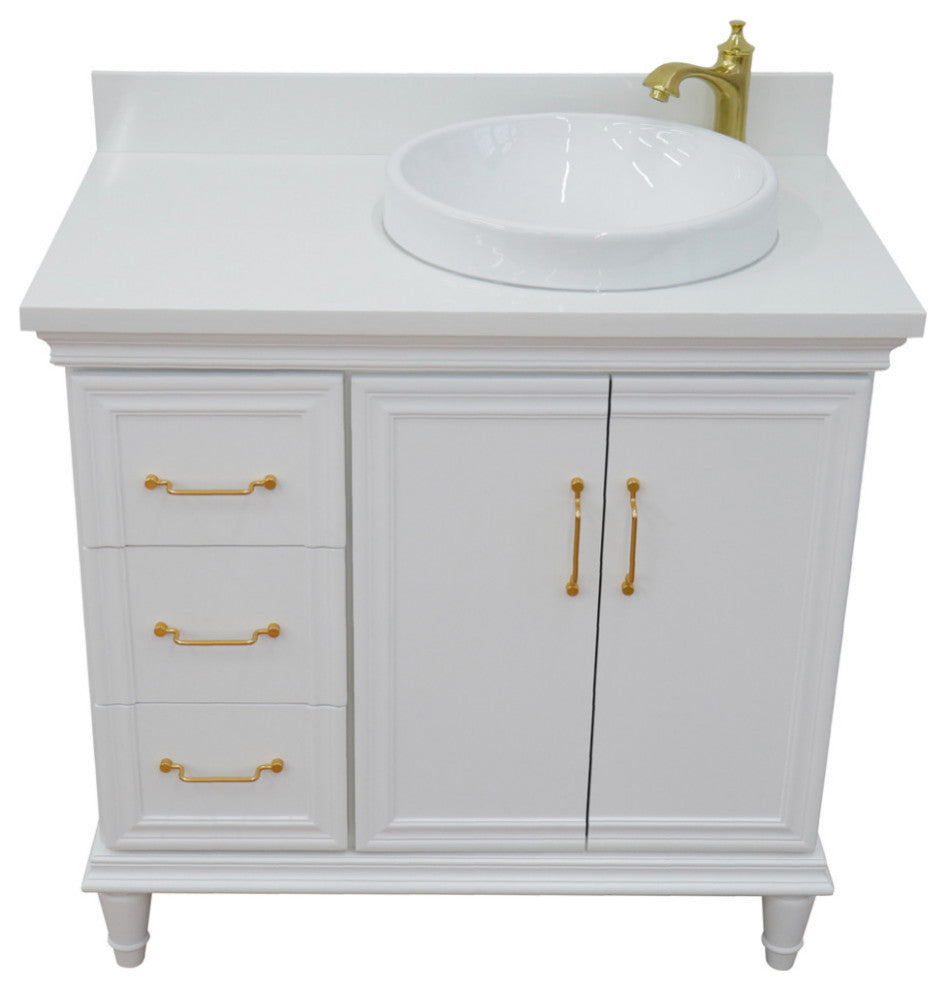 37" Single Vanity, White Finish With White Engineered Stone Top