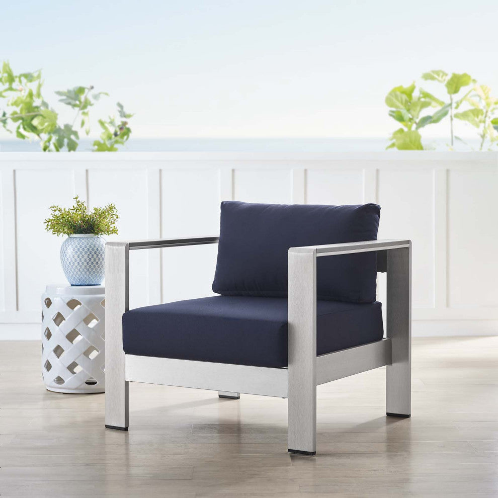 Lounge Chair Armchair, Sunbrella, Fabric, Aluminum, Silver Blue Navy, Outdoor