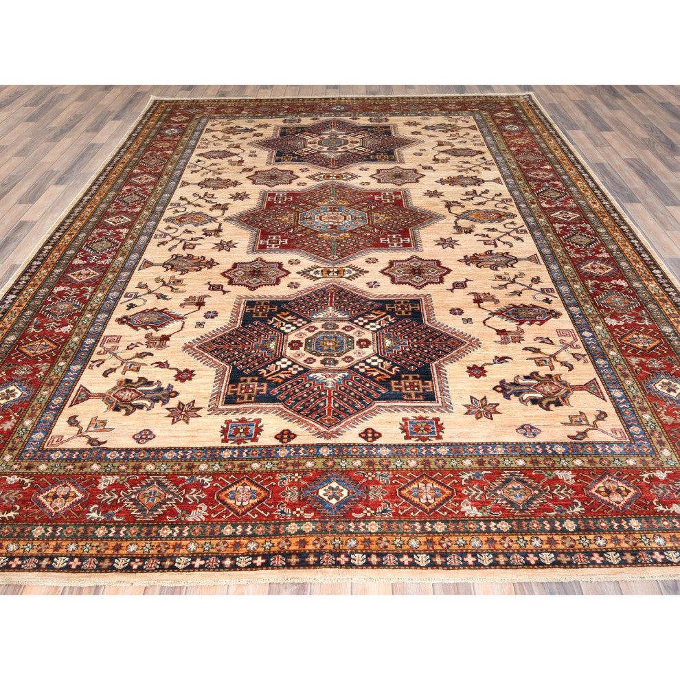 Cream Afghan Super Kazak Soft Wool Hand Knotted Oriental Rug, 8'10"x11'9"