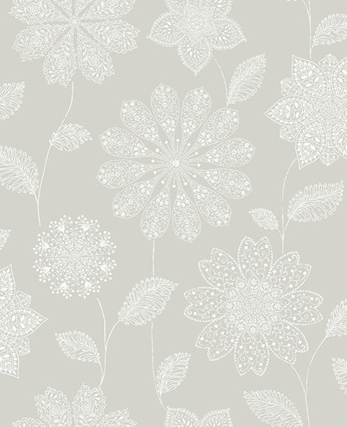 Intricate Bohemian Monochromatic Floral Wallpaper, Taupe, Sample
