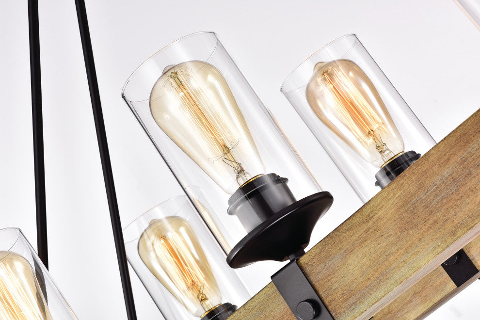 6-Light Matte Black and Vintage Wood Farmhouse Linear Chandelier Clear Glass