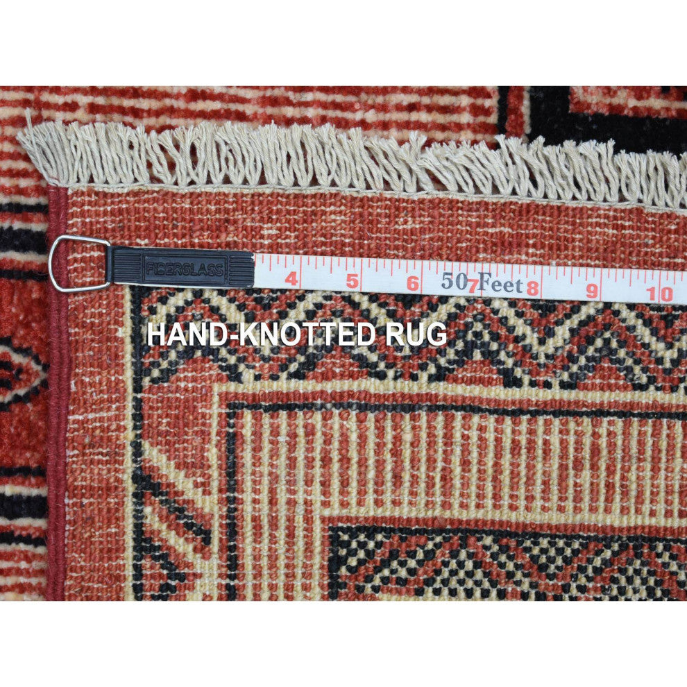 Red Peshawar Berber Motifs Pop of Color Pure Wool Hand Knotted Rug, 5'10"x8'10"