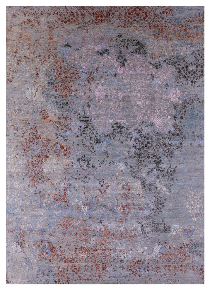 9' 1" X 12' 6" Modern Hand Knotted Wool and Silk Rug Q7074