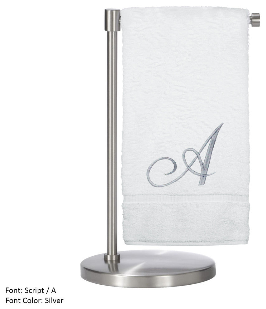 Monogrammed Bath Towel, Set of 2, Silver Script embroidery, Initial A White