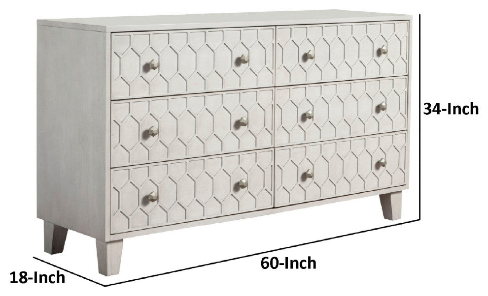Benzara BM284296 Rue 60" 6 Dresser Drawer, Honeycomb Texture, Wood, Light Gray