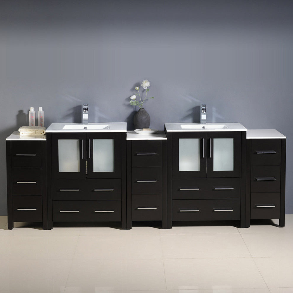 Torino 84" Double Bathroom Cabinet, Espresso, With Top and Integrated Sinks
