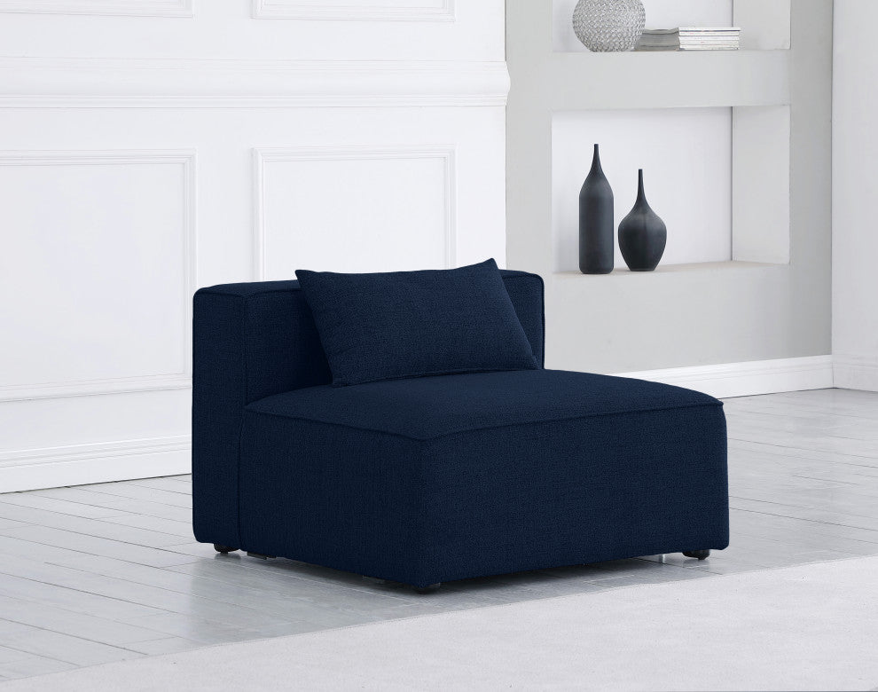 Cube Upholstered Modular Component, Navy, Linen Texured Fabric, Armless Chair