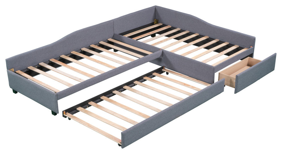 Gewnee Upholstered Double Twin Size Daybed with Trundle and Drawer in Gray