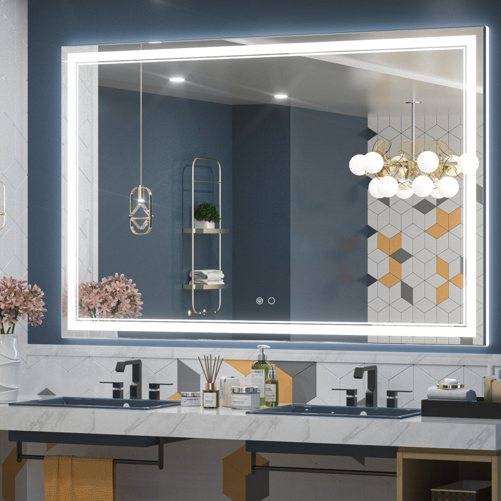 3-Colors LED Bathroom Mirror, Anti-Fog Memory Dimmable, Sliver, 60"x40"