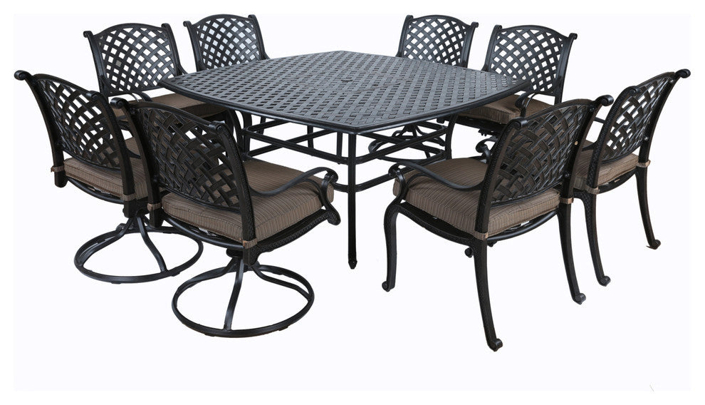 Stinson 9-Piece Aged Bronze Aluminum Square Dining Set With 8 Cushioned Chairs