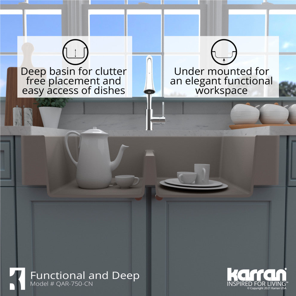 Karran Retrofit Farmhouse Quartz 34" Double Bowl Sink Kit, Concrete