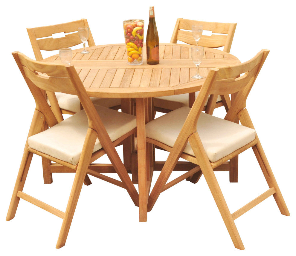 5-Piece Outdoor Teak Dining Set: 48" Butterfly Table, 4 Surf Folding Arm Chairs