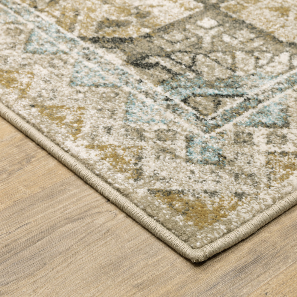 Vander Traditional Jewel Drop Gray/Blue Power-Loomed Area Rug, 7'10"x10'