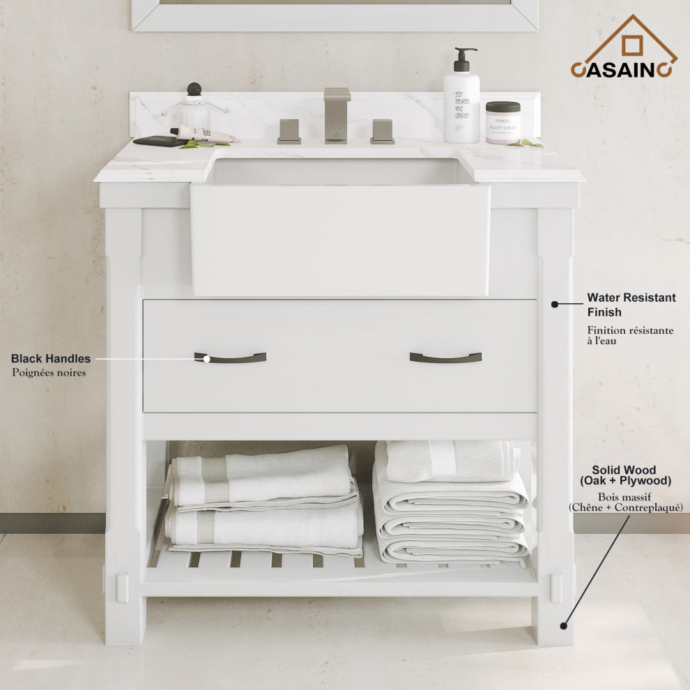 Freestanding Bath Vanity in White with White Quartz Top, 36in