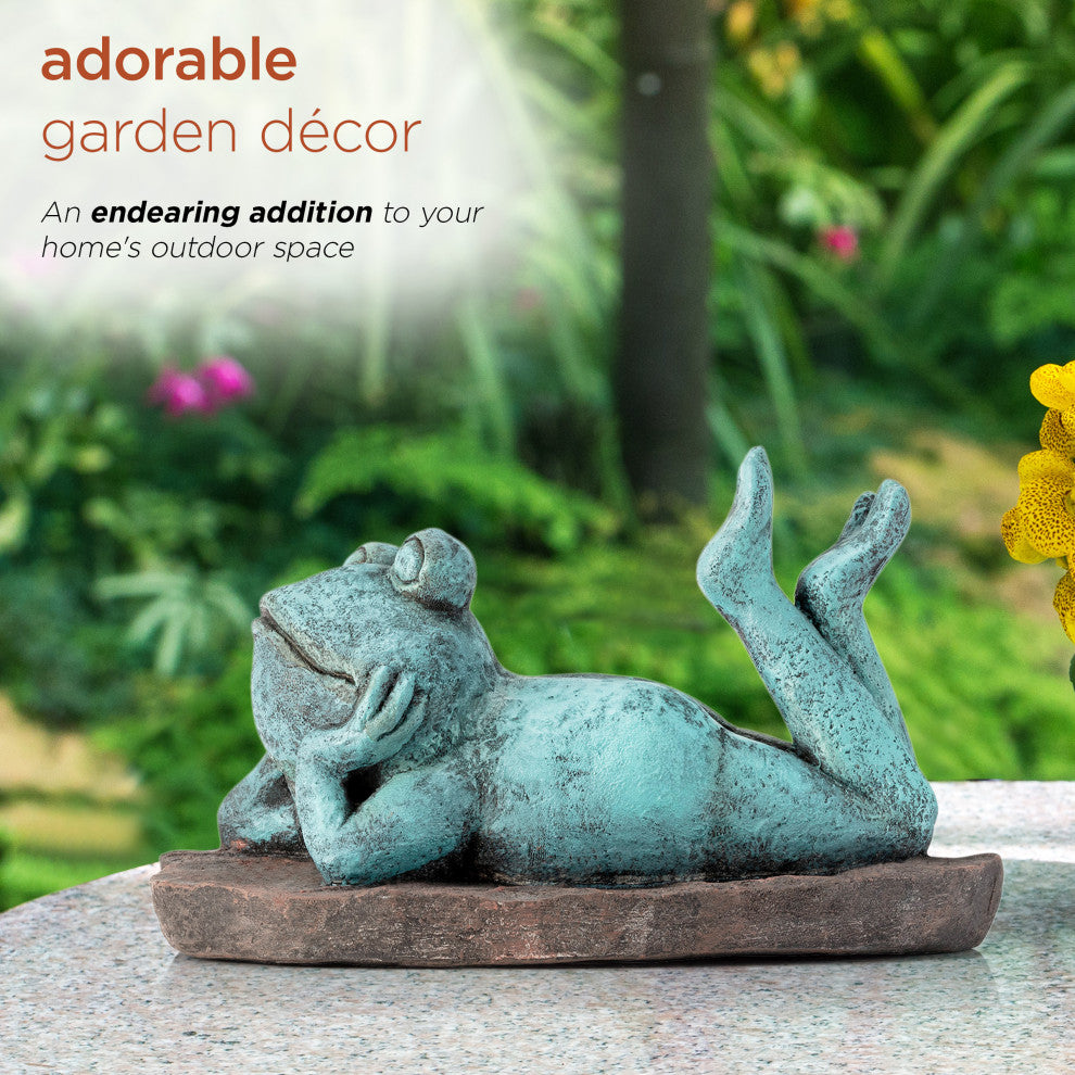 Alpine Frog Laying Down on a Leaf Statue, 8"Tall