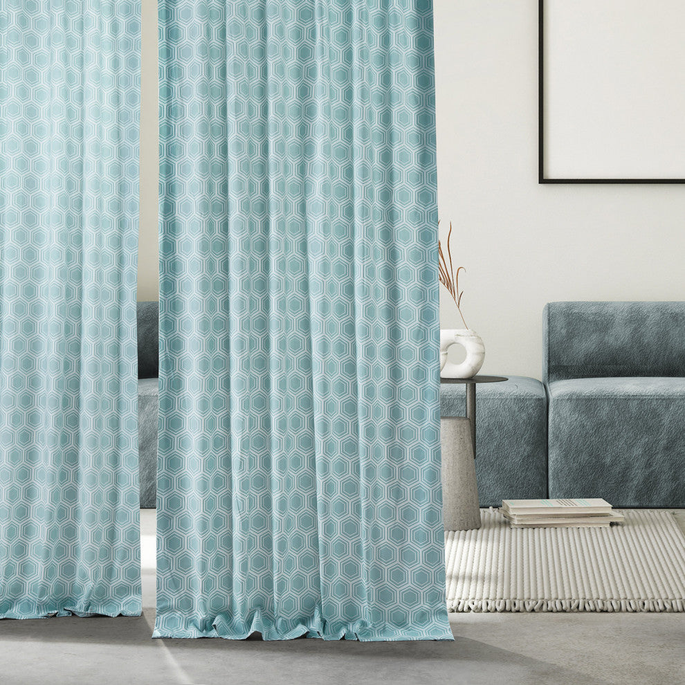 Honeycomb Ripple Printed Cotton Curtain Single Panel, Honeycomb Ripple Aqua, 50wx84l