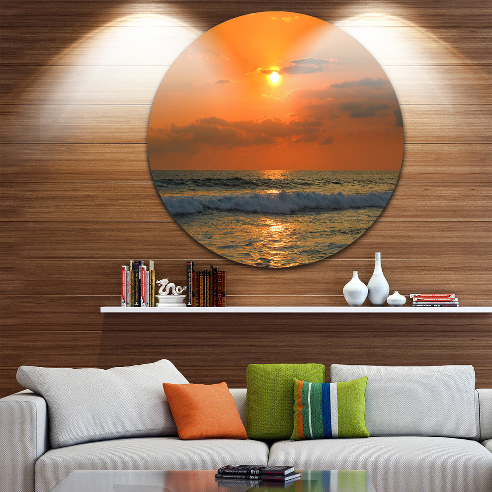 Orange Tinged Tropical Sunset And Waves, Beach Round Wall Art, 38"