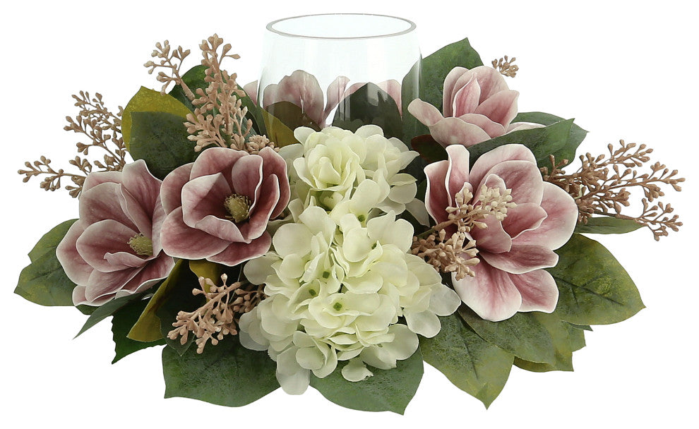 Hydrangea and Magnolia Glass Candle Holder Centerpiece
