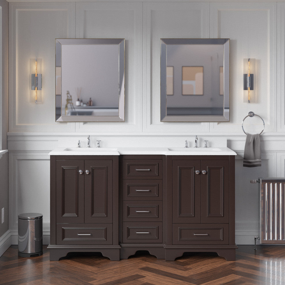 Nantucket 60" Bath Vanity, Chocolate, Quartz, Double Vanity