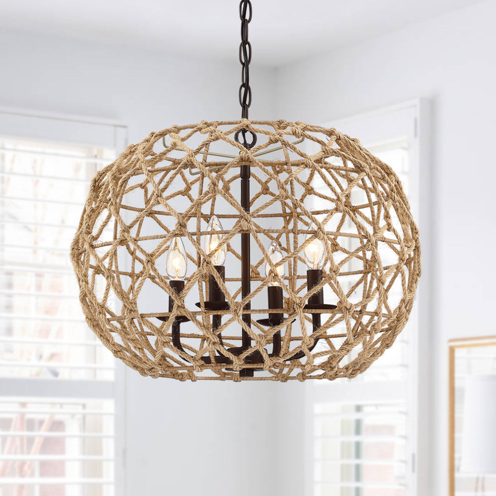 20" W 4-Light Natural Jute Rope Woven Globe Pendant Light With Brown Canopy