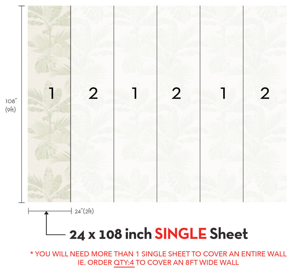 Oceanside Palm Leaves Vinyl Peel and Stick Mural, Green, 24"x108", Single