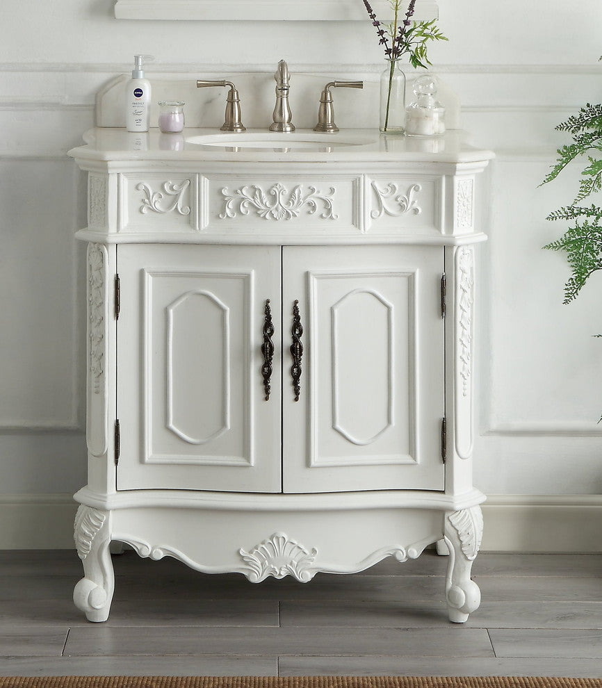 33 Inch Traditional Antique Style White Benson Bathroom Sink Vanity