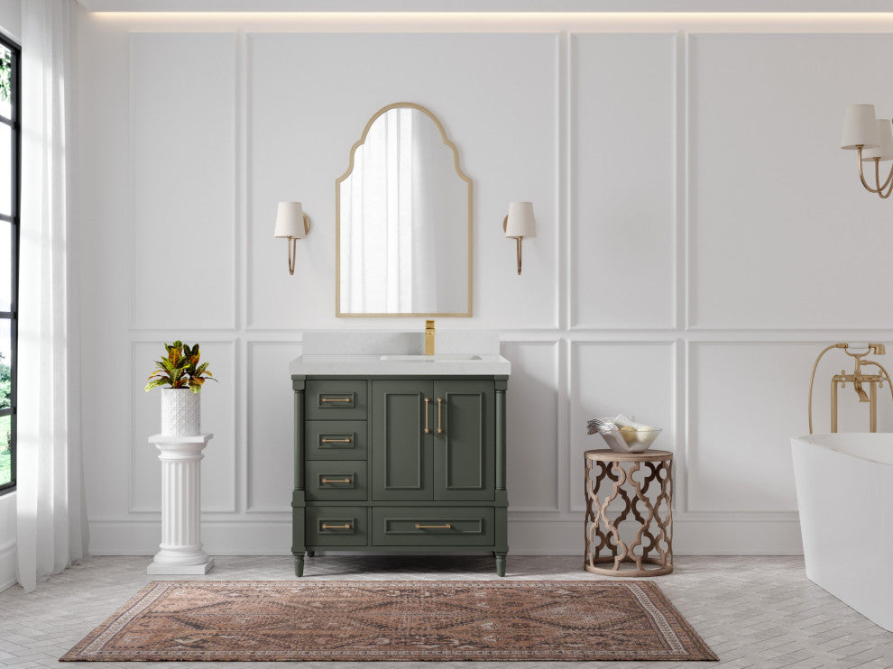 Aberdeen 36 Right Offset Bath Vanity in Pewter Green 2" Carrara Quartz