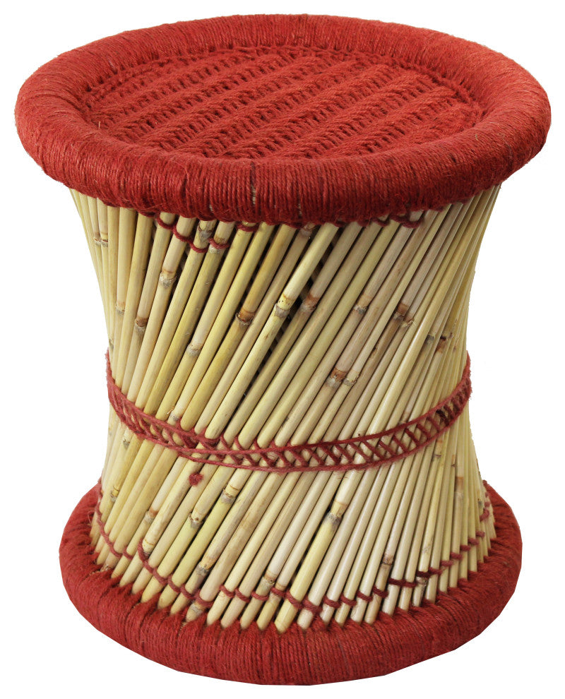 Natural Geo Moray Decorative Handwoven Jute Accent Stool, Rusty Red
