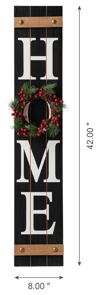 42"H Christmas Wooden "HOME" Black Porch Sign With Wreath